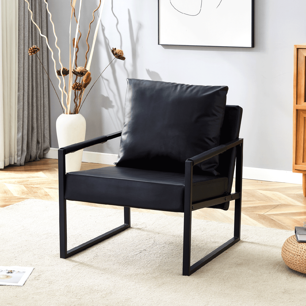 Set of 1 Classic Black PU Leather and Metal Frame Sofa -Ergonomically designed, a perfect blend of modern and industrial styles