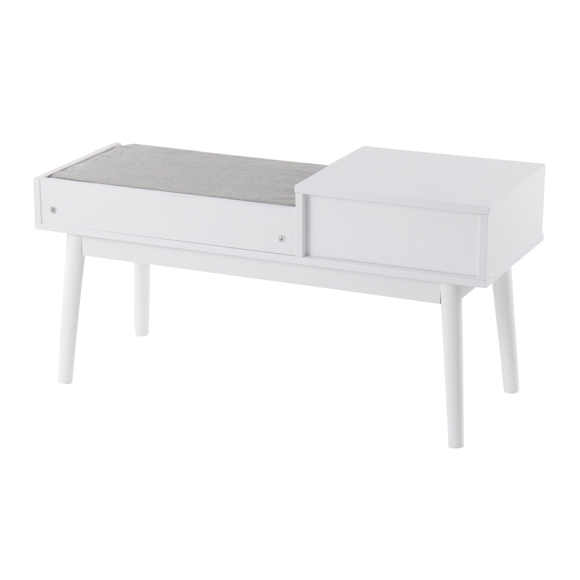 Telephone Contemporary Bench in White Wood and Grey Fabric with Pull-Out Drawer by LumiSource