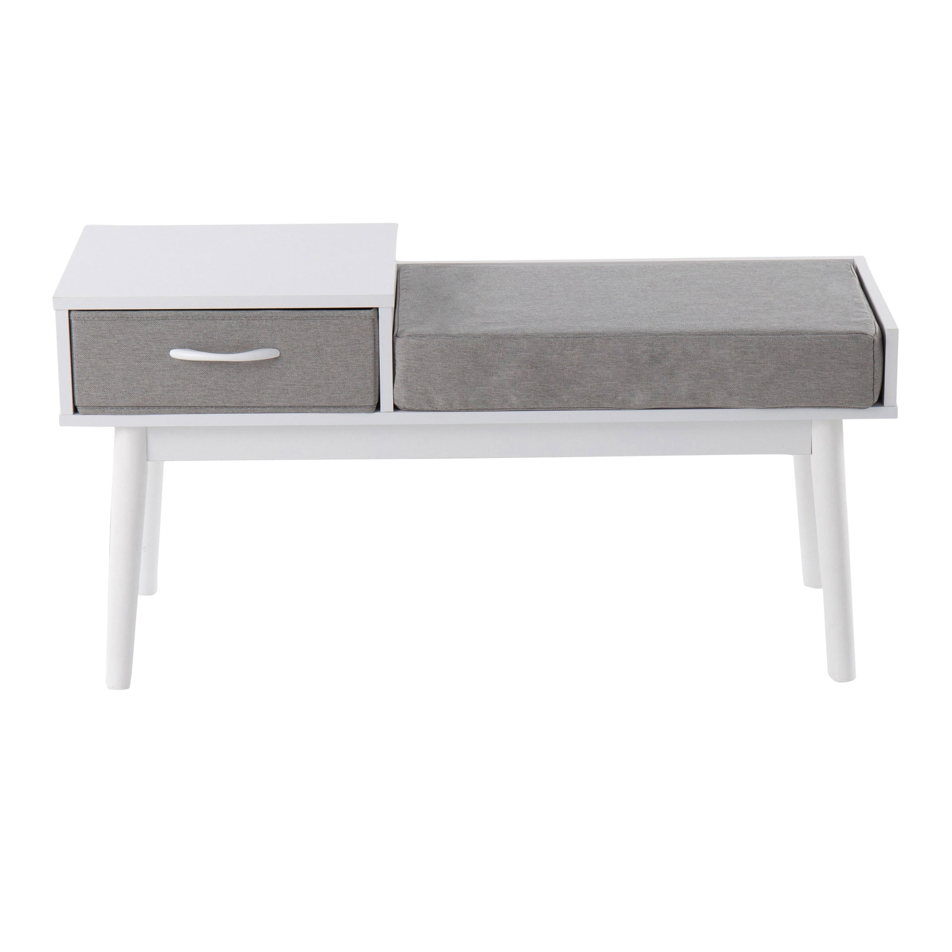 Telephone Contemporary Bench in White Wood and Grey Fabric with Pull-Out Drawer by LumiSource