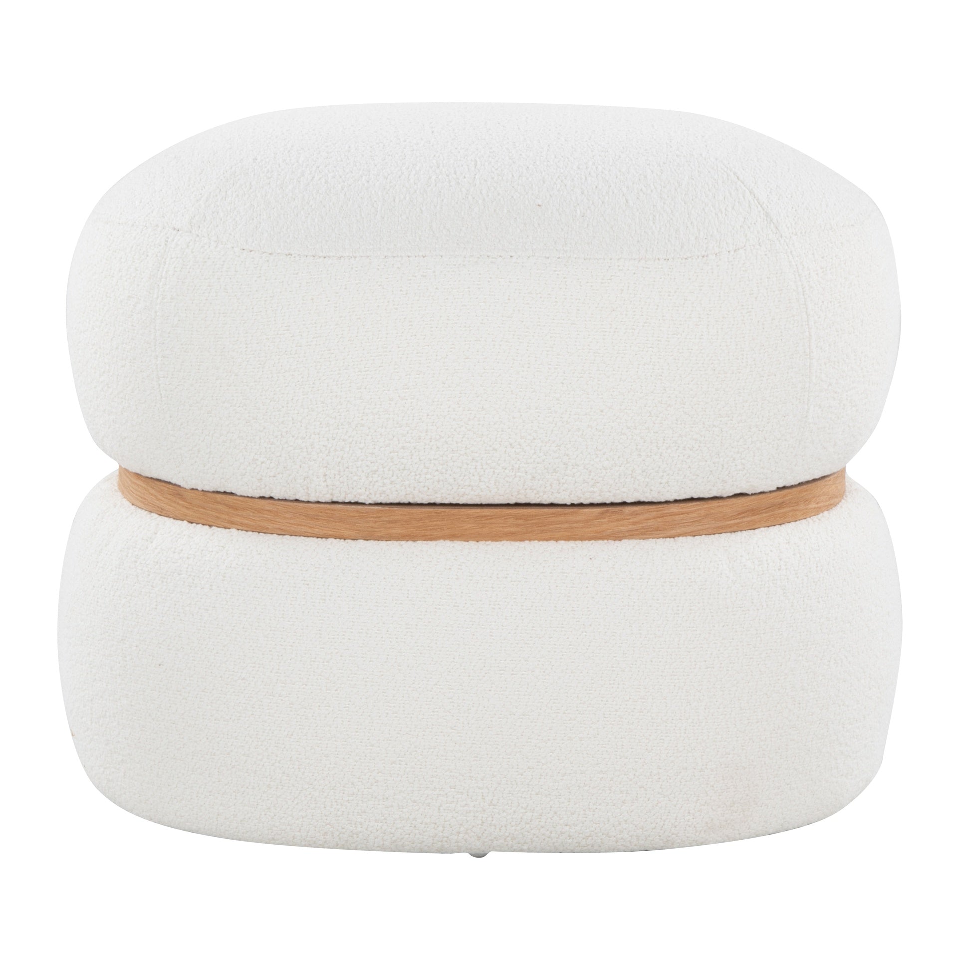 Cinch Contemporary Pouf Ottoman in Cream Fabric and Natural Wood by LumiSource