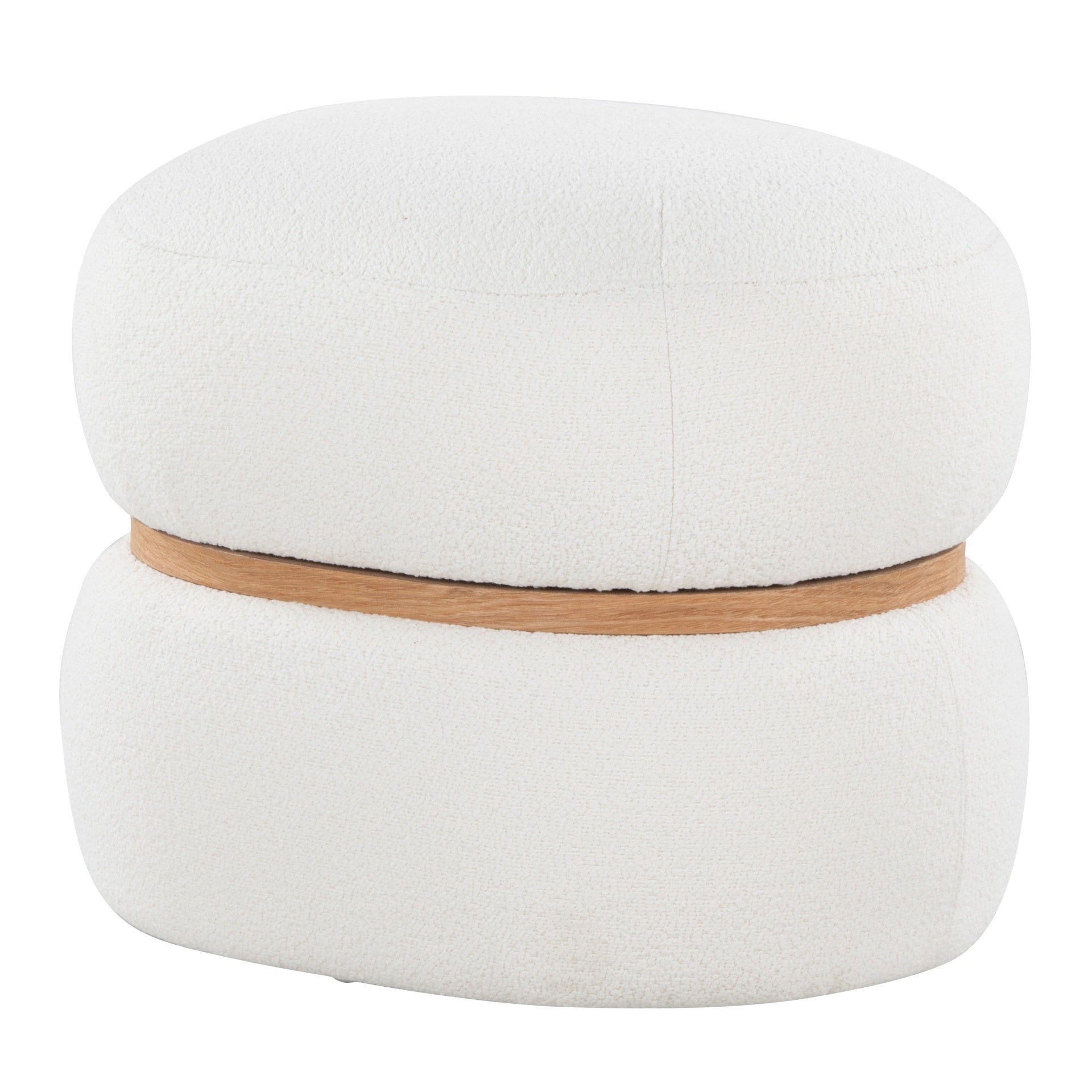 Cinch Contemporary Pouf Ottoman in Cream Fabric and Natural Wood by LumiSource