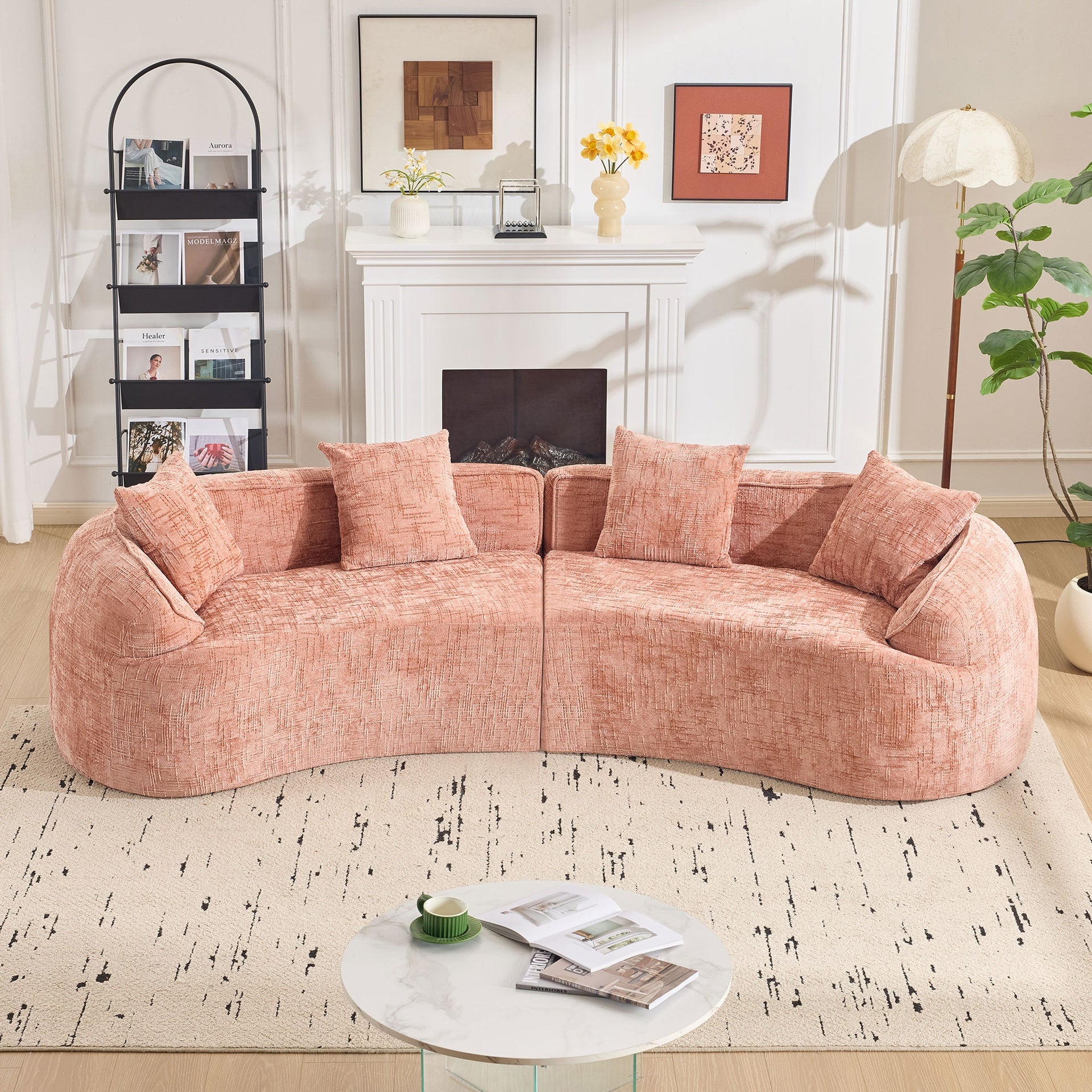 Pink Curved Compressed Sofa, Creative Nordic-style Design for Living Room, Comfortable, Soft and Suitable for Multiple Scenarios