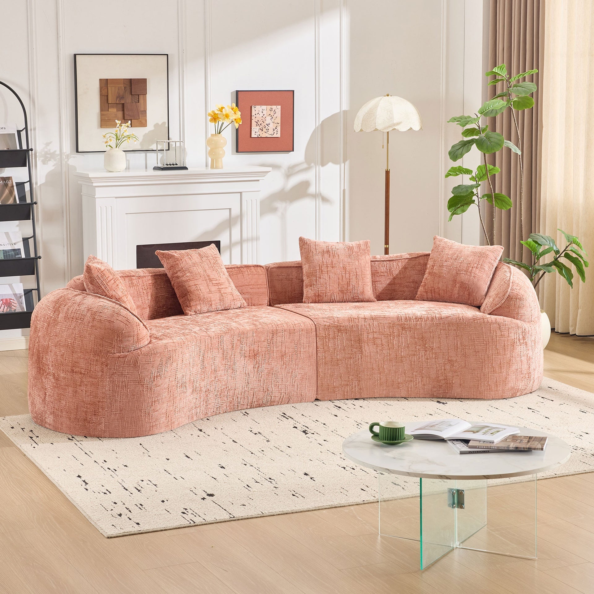 Pink Curved Compressed Sofa, Creative Nordic-style Design for Living Room, Comfortable, Soft and Suitable for Multiple Scenarios
