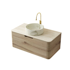 XAI 36" Bathroom Vanity&Sink, Floating Plywood Storage Cabinet with Drawer, Ceramic Basin with Stone Pattern& Travertine-Pattern Sintered Stone Top, Pre-assembled, White Oak Woodgrain Color