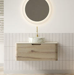 XAI 36" Bathroom Vanity&Sink, Floating Plywood Storage Cabinet with Drawer, Ceramic Basin with Stone Pattern& Travertine-Pattern Sintered Stone Top, Pre-assembled, White Oak Woodgrain Color