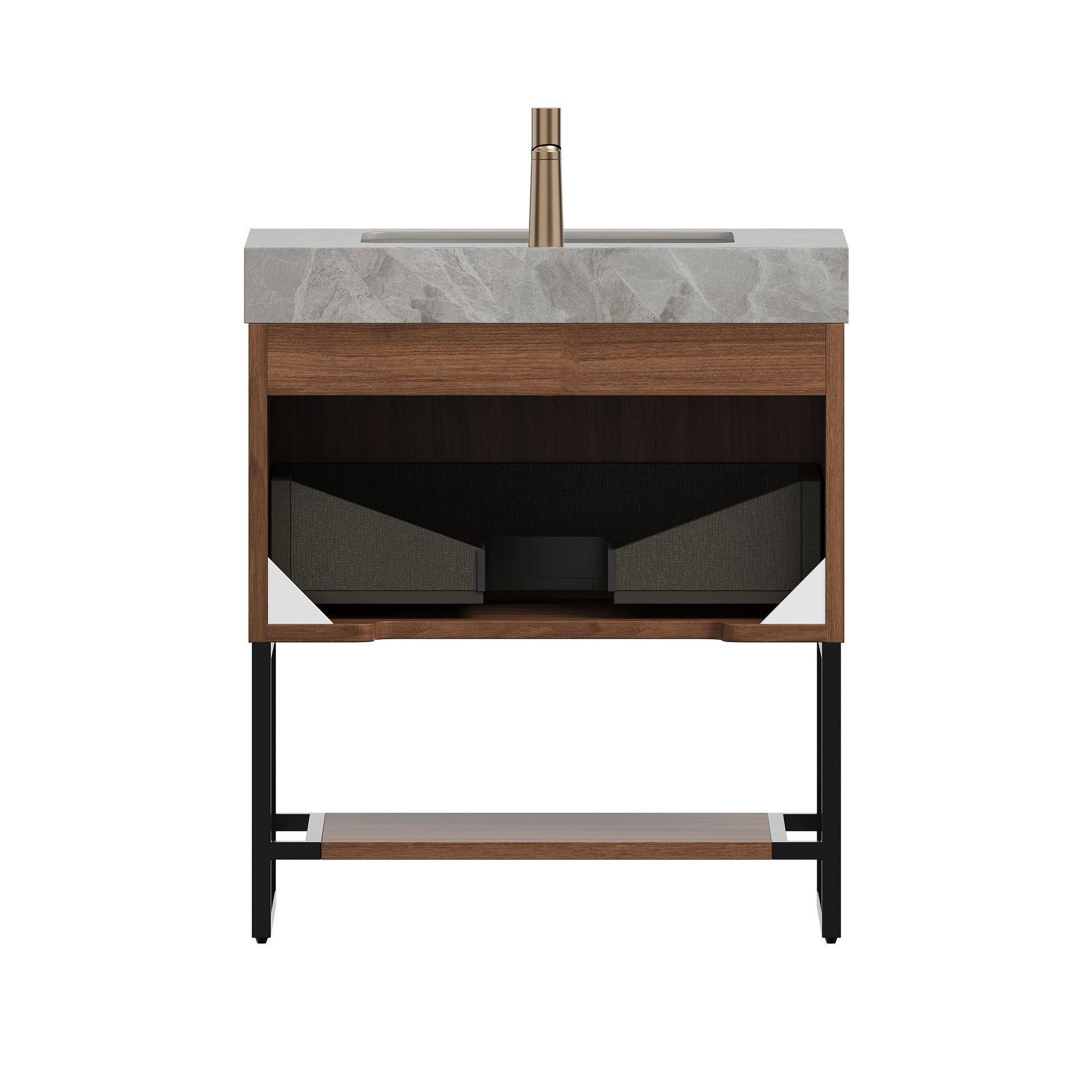 YOLAN 30" Bathroom Vanity&Sink, Freestanding Striped Plywood Storage Cabinet with Drawer&Open Shelf, Light Gray Sintered Stone Top&Undermount Ceramic Basin, Pre-assembled, Dark Walnut Woodgrain Color