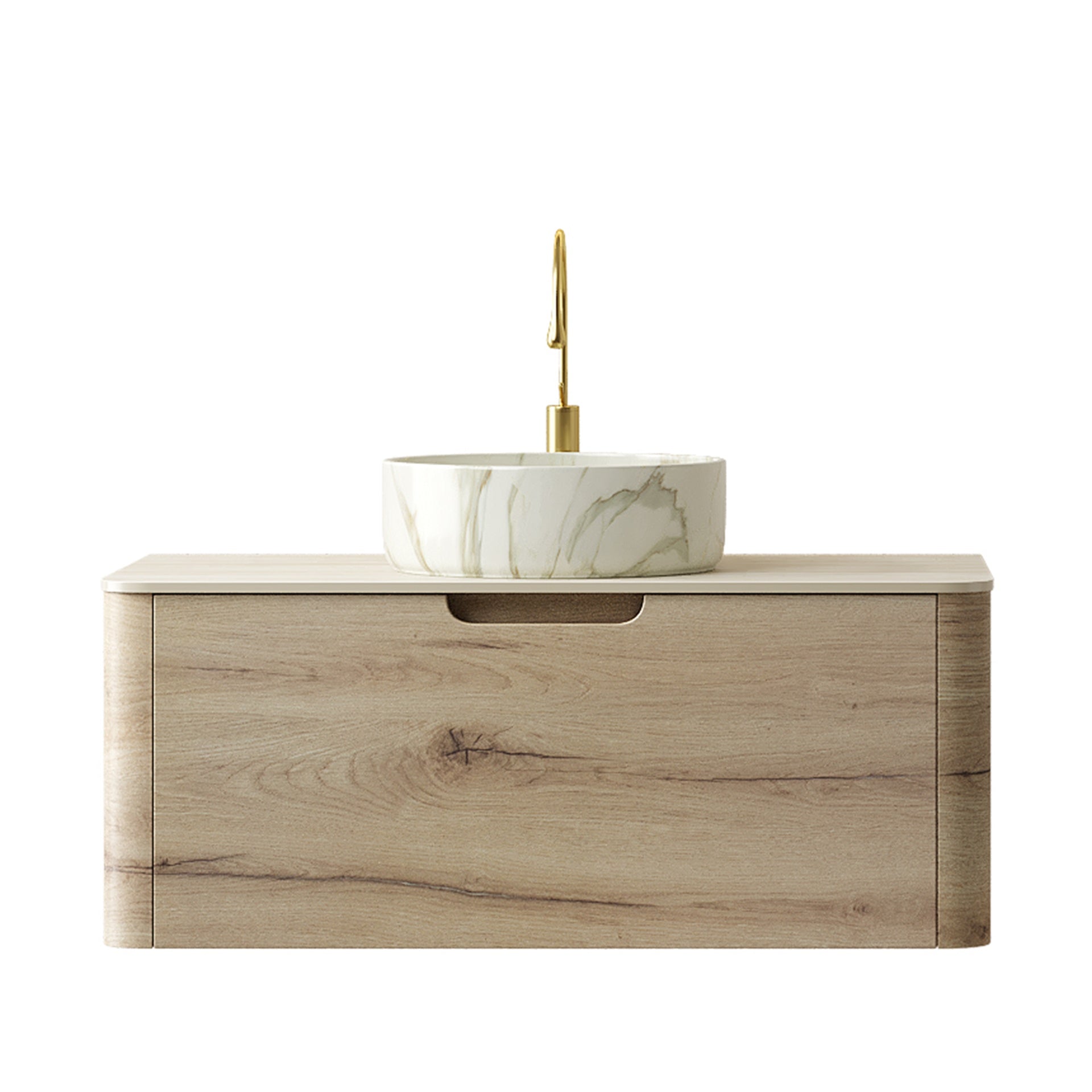 XAI 36" Bathroom Vanity&Sink, Floating Plywood Storage Cabinet with Drawer, Ceramic Basin with Stone Pattern& Travertine-Pattern Sintered Stone Top, Pre-assembled, White Oak Woodgrain Color (New SKU)