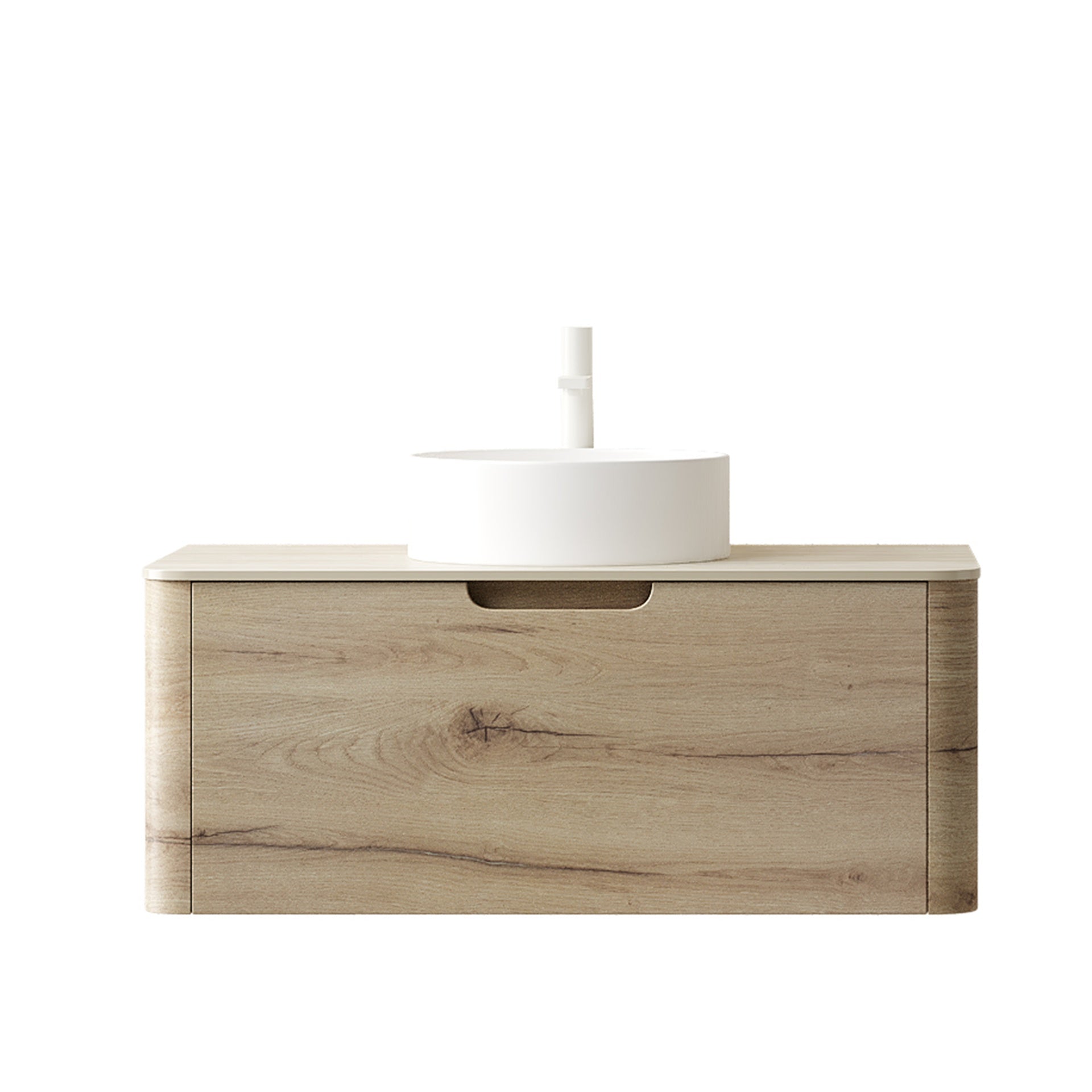 XAI 36" Bathroom Vanity with Sink, Wall-Mounted Plywood Storage Cabinet with Drawer, White Round Ceramic Basin and Roma Travertine-Pattern Sintered Stone Top, Pre-assembled, White Oak Woodgrain Color