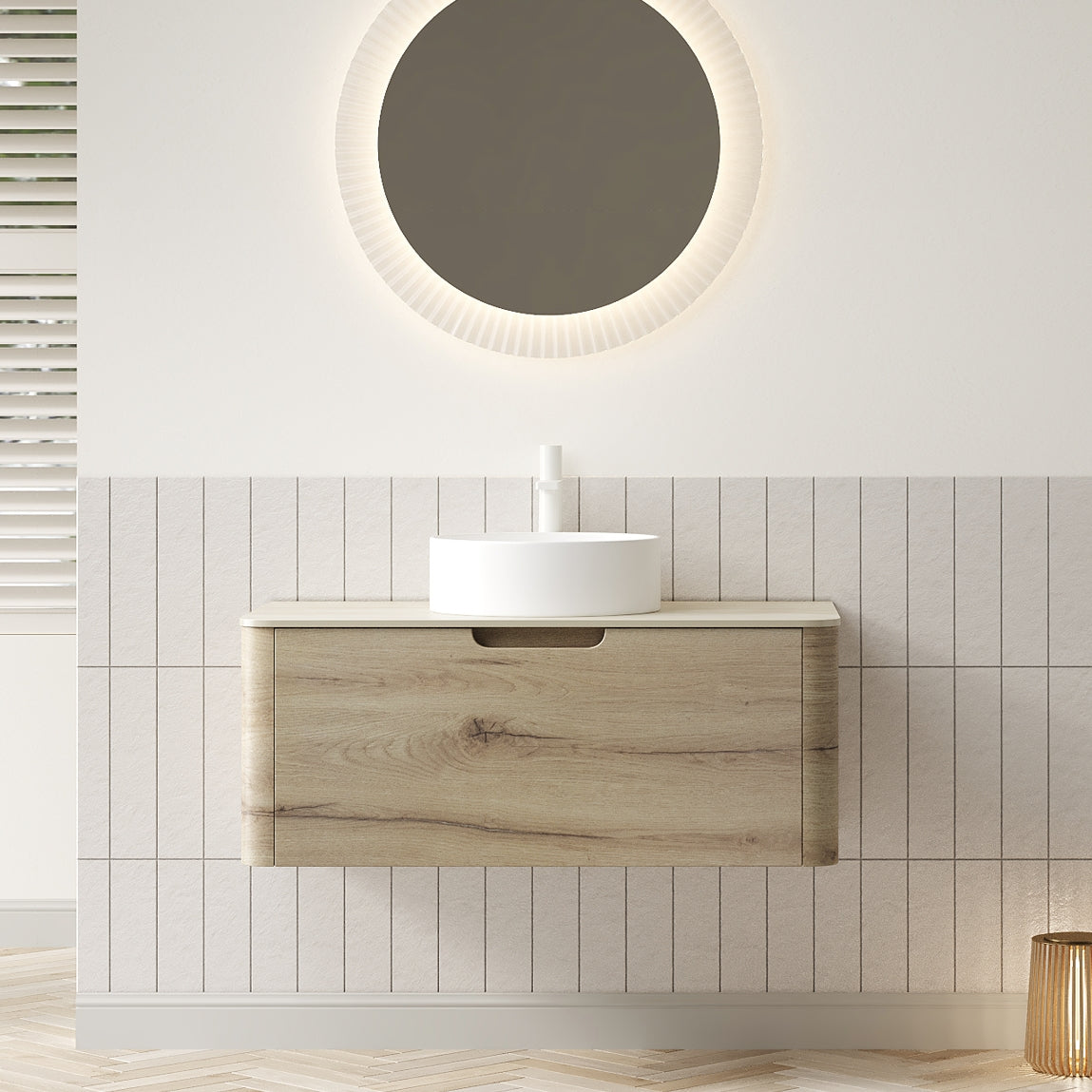 XAI 36" Bathroom Vanity with Sink, Wall-Mounted Plywood Storage Cabinet with Drawer, White Round Ceramic Basin and Roma Travertine-Pattern Sintered Stone Top, Pre-assembled, White Oak Woodgrain Color