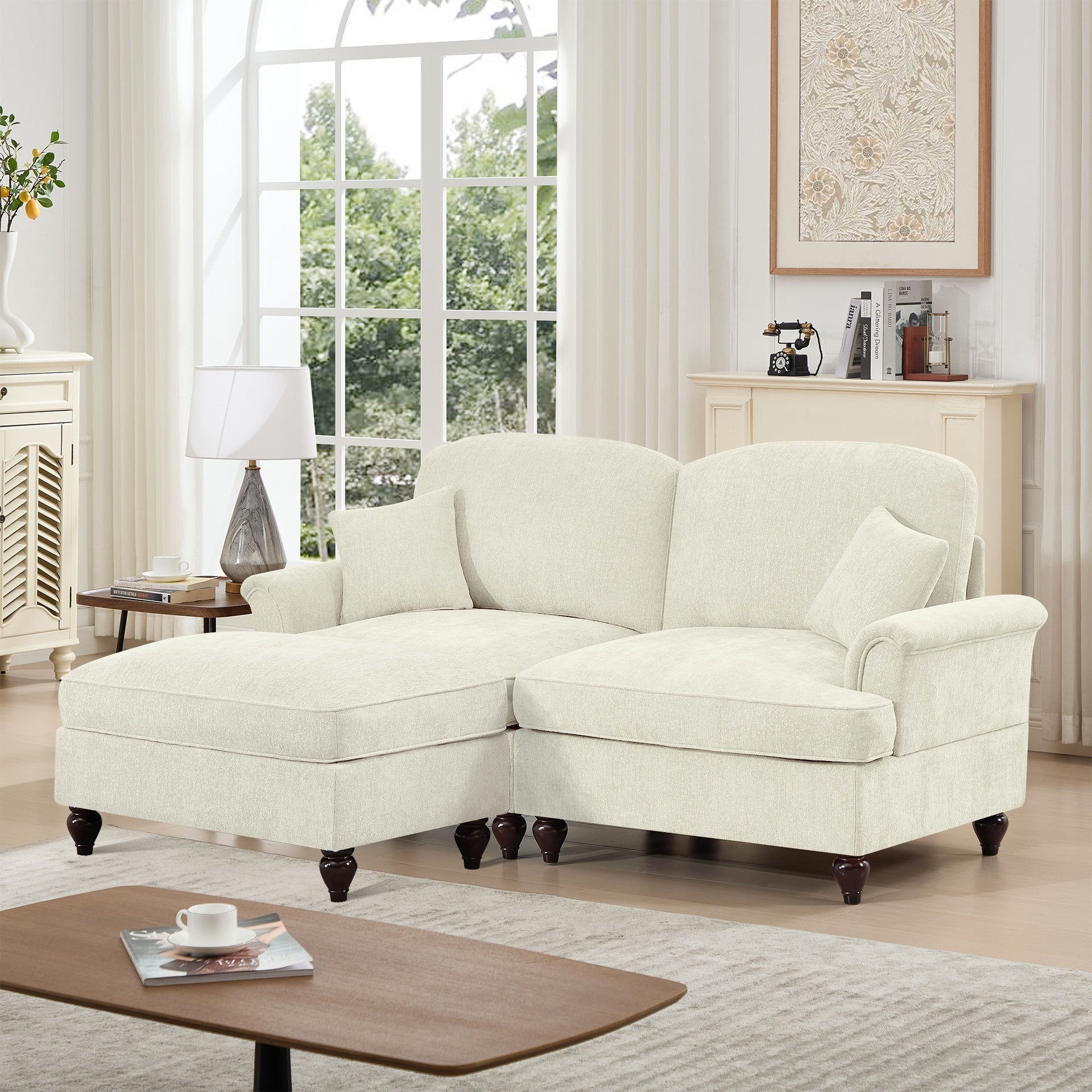 Elegant Mid Century Large Two Seater Modular L Shaped Sofa Couch with Flared Arms and Removable Ruffles Pleats Skirts and Spindle Legs, Comfy Chenille Loveseat Sofa with Movable Ottoman, Beige White