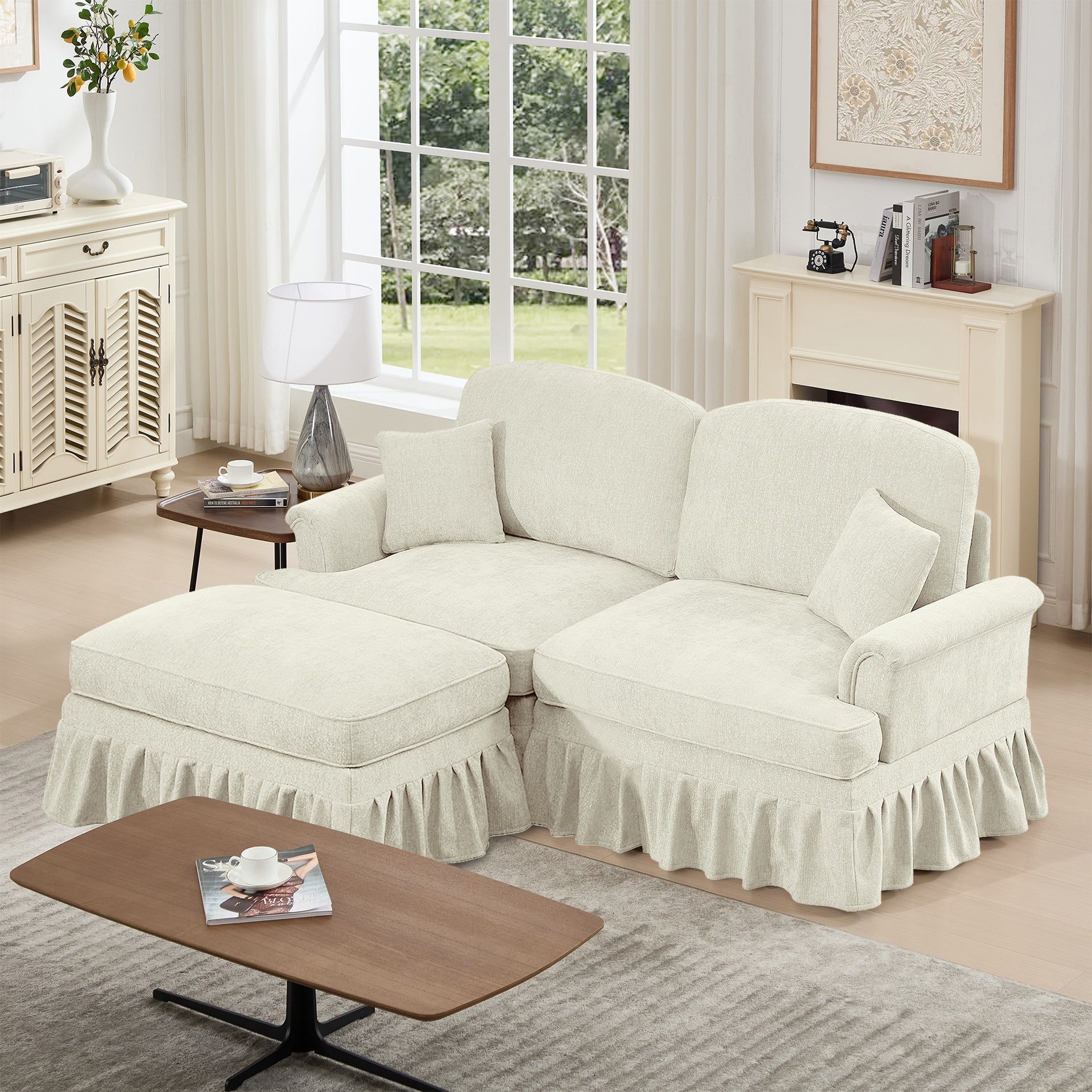 Elegant Mid Century Large Two Seater Modular L Shaped Sofa Couch with Flared Arms and Removable Ruffles Pleats Skirts and Spindle Legs, Comfy Chenille Loveseat Sofa with Movable Ottoman, Beige White