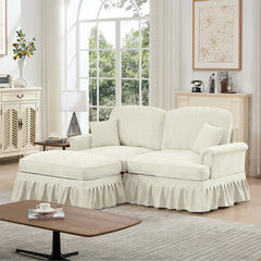 Elegant Mid Century Large Two Seater Modular L Shaped Sofa Couch with Flared Arms and Removable Ruffles Pleats Skirts and Spindle Legs, Comfy Chenille Loveseat Sofa with Movable Ottoman, Beige White