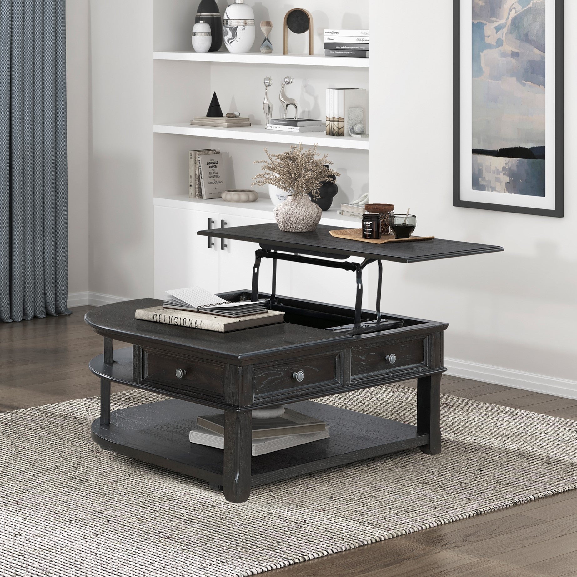Living Room Coffee Table Storage Drawer Lift Top Open Shelves Charcoal Finish New Style Durable Wooden