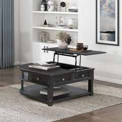 Living Room Coffee Table Storage Drawer Lift Top Open Shelves Charcoal Finish New Style Durable Wooden