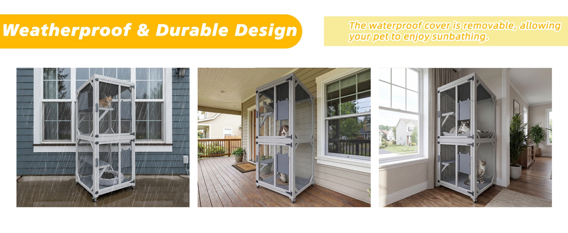 Outdoor Cat Enclosure Catio with Wheels, 71.2" Large Wooden Cat Cage, Multi-Level Cat House with Platforms, Lockable Doors & Removable PVC Tray