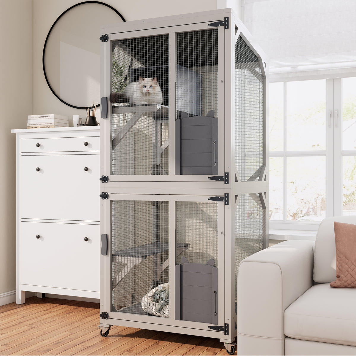 Outdoor Cat Enclosure Catio with Wheels, 71.2" Large Wooden Cat Cage, Multi-Level Cat House with Platforms, Lockable Doors & Removable PVC Tray
