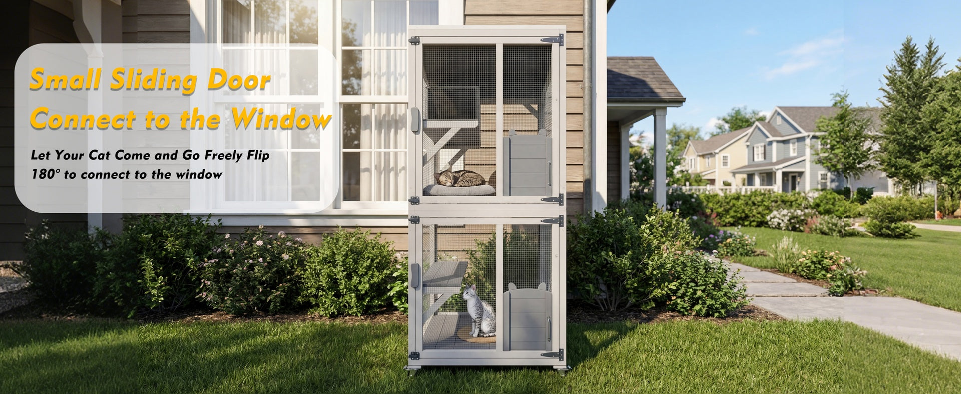 Outdoor Cat Enclosure Catio with Wheels, 71.2" Large Wooden Cat Cage, Multi-Level Cat House with Platforms, Lockable Doors & Removable PVC Tray