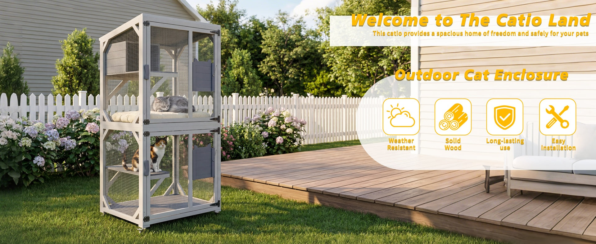 Outdoor Cat Enclosure Catio with Wheels, 71.2" Large Wooden Cat Cage, Multi-Level Cat House with Platforms, Lockable Doors & Removable PVC Tray