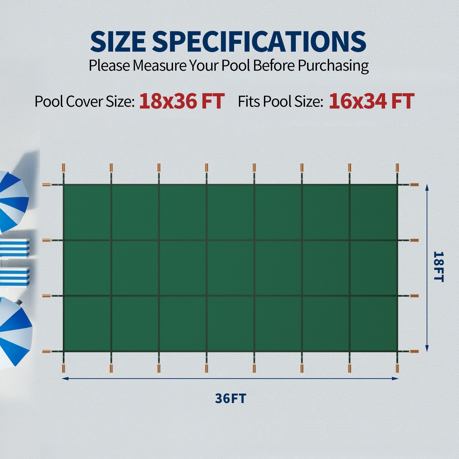 Swimming Pool Safety Cover, Fits 18x36ft Rectangular underground and Inground Swimming Pools, Triple Stitched High Strength Mesh PP Abrasion Resistant  Installation Hardware Included,Green Mesh