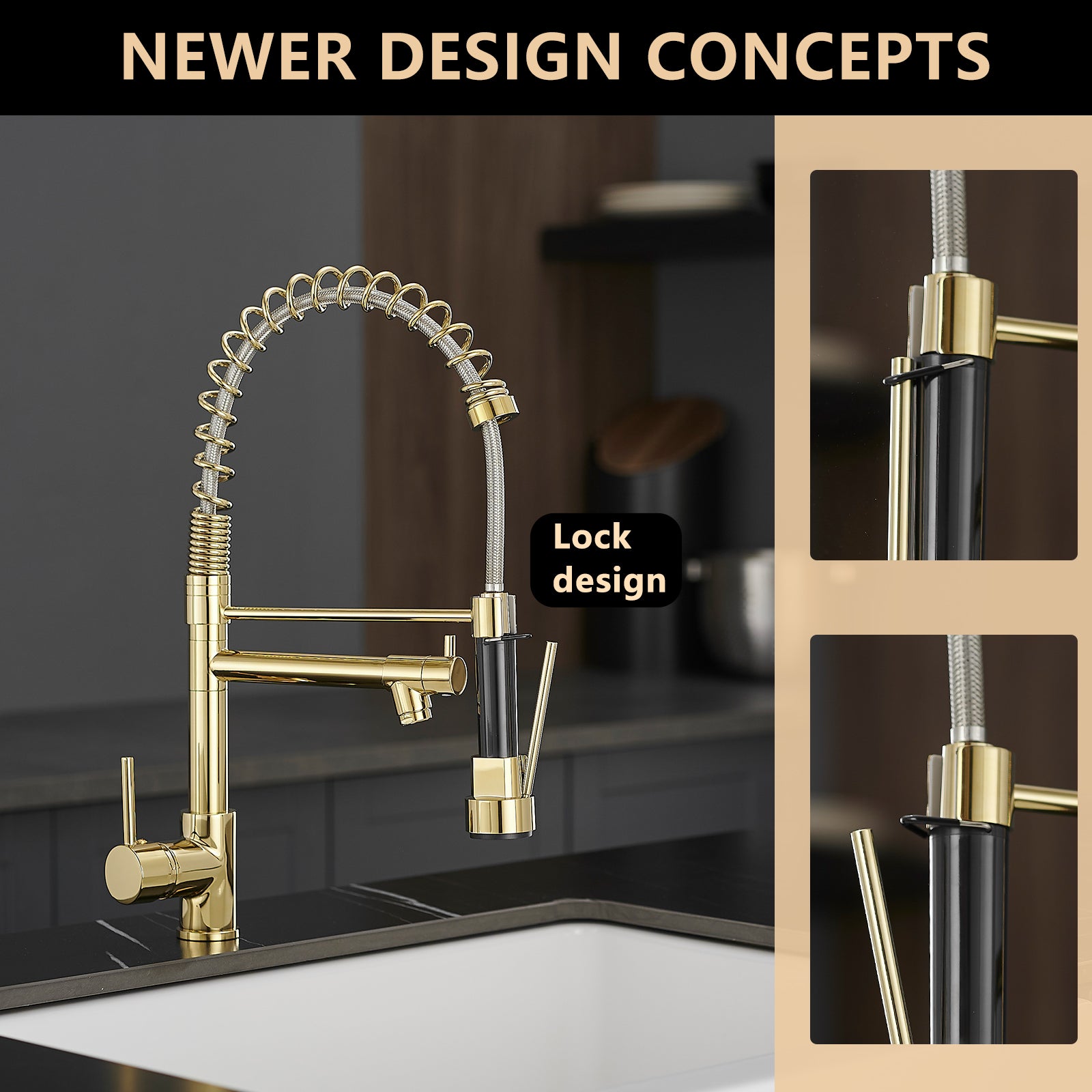 Commercial Kitchen Faucet with Pull Down Sprayer, Single Handle Single Lever Kitchen Sink Faucet Gold Faucet