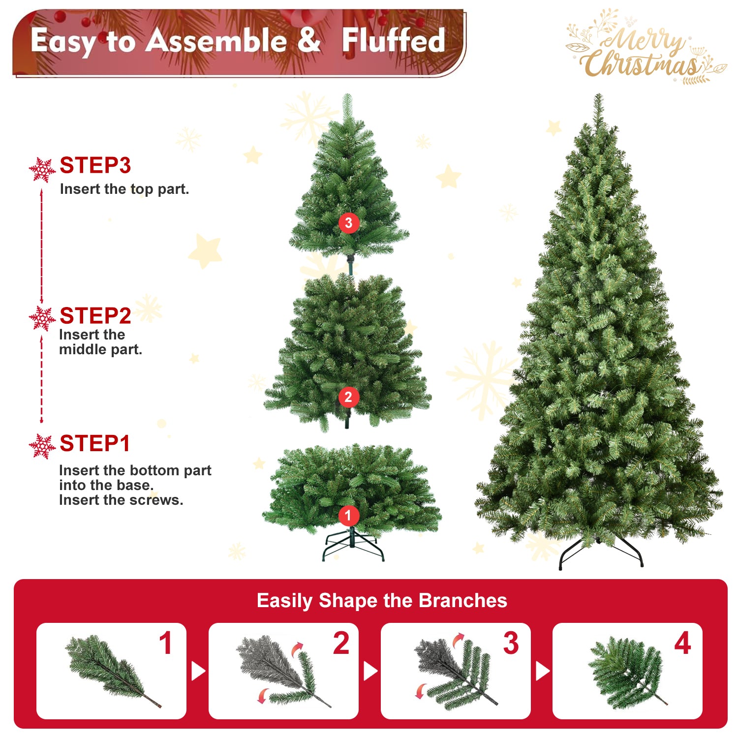 7ft Pre-Lit PVC Christmas Tree with 400 UL Lights, 1072 Tips, Auto-Unfold Memory Wire, Easy Assembly with Stable Metal Stand – Full Artificial Holiday Tree