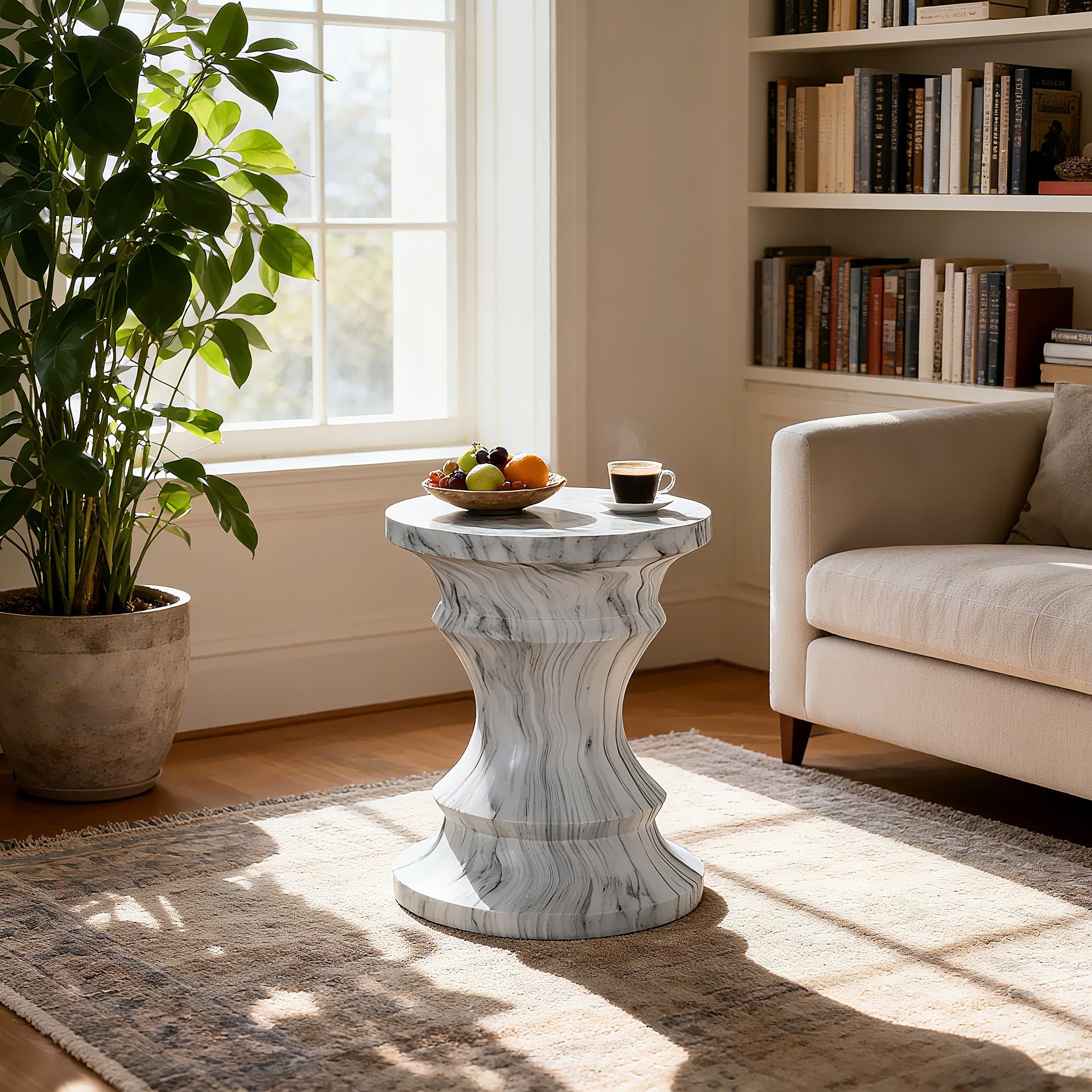 Cement Outdoor End Tables for Patio, GardenAccent Table Faux Terrazzo Accent Table, Modern Small Round Side Tablefor Outside, Tree Stump Garden Stool DrumTable indoor and Outdoor