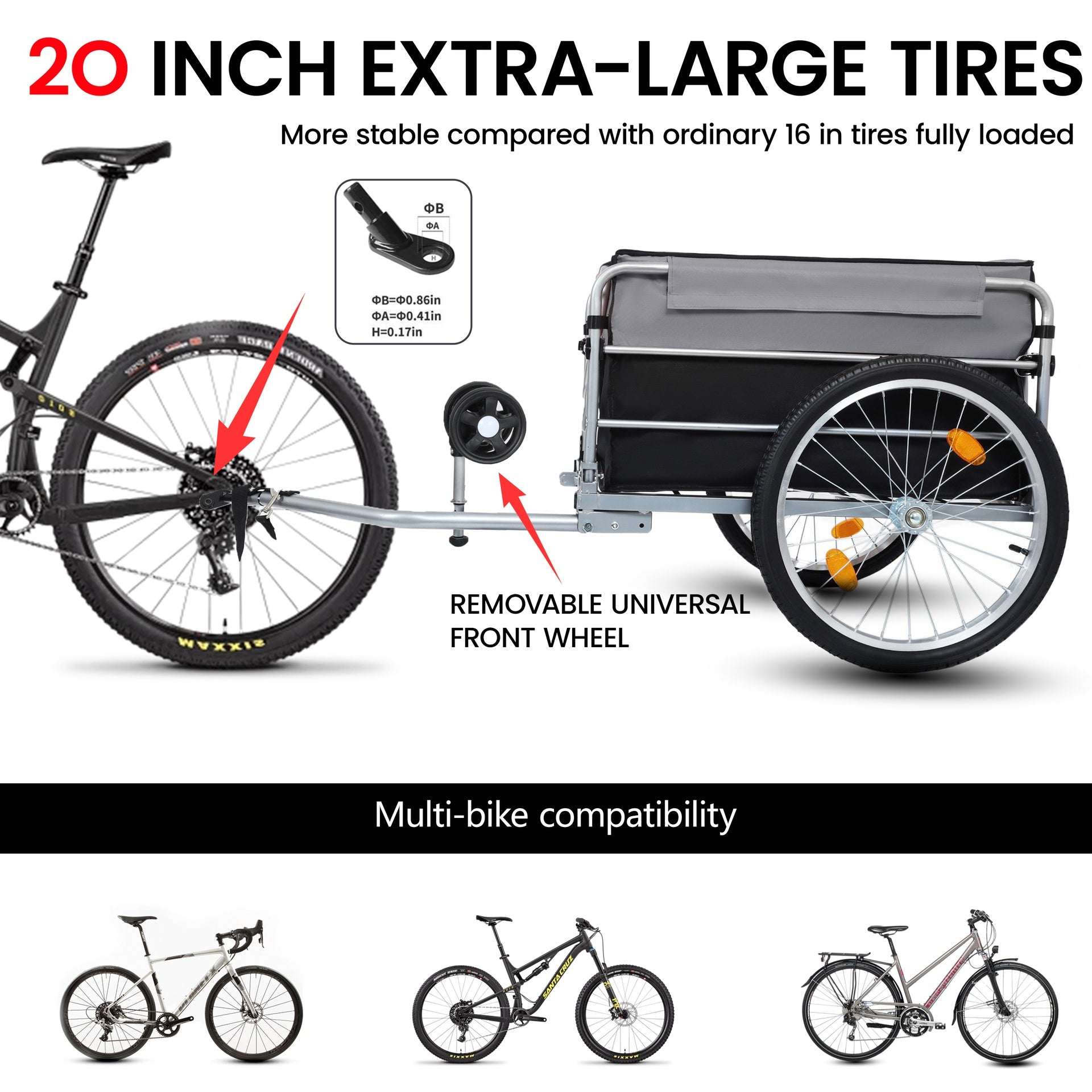 Bike Cargo Trailer, Aluminum Luggage Cart,Heavy Duty 220 lbs Bicycle Wagon Cart, 20" Whee,l Folding Groceries Hauler with Safe Hitch System, Removable Cover, Oxford Fabric for Cycling Travel