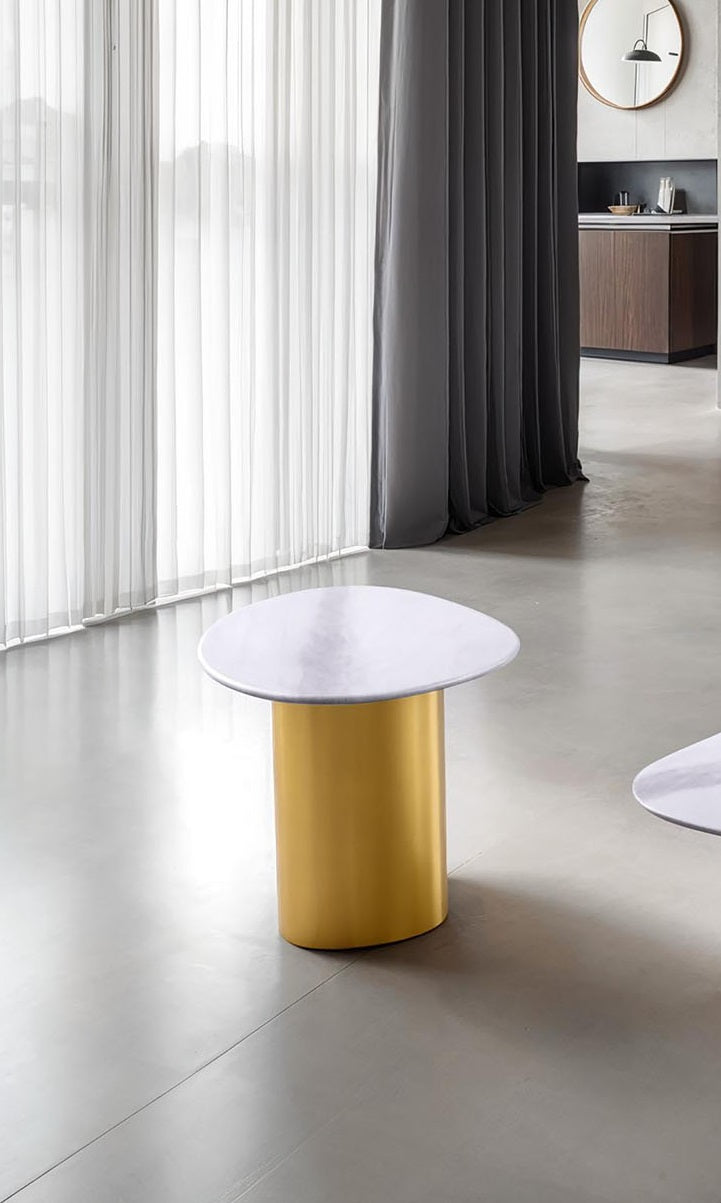 Contemporary Style 1pc Side Table Sintered Stone Top Gold Legs Soft Corner Edges White And Matte Gold Finish