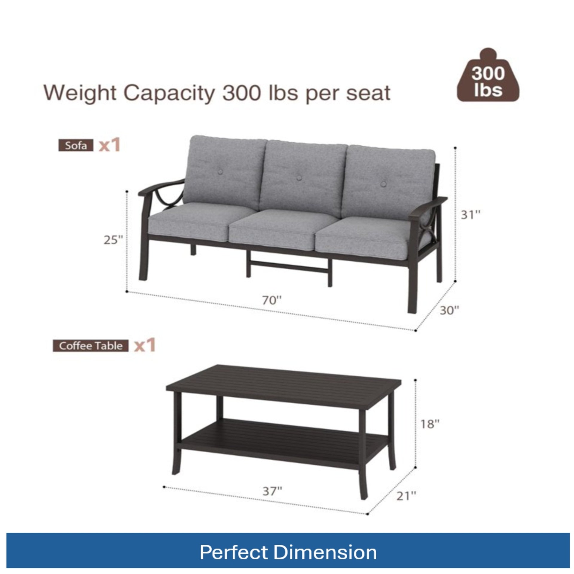 2 Piece Outdoor Patio Set, 70” All-Weather Metal 3-Seat Metal Patio Sofa and Rectangular coffee Table , Khaki Frame with Gray Cushions