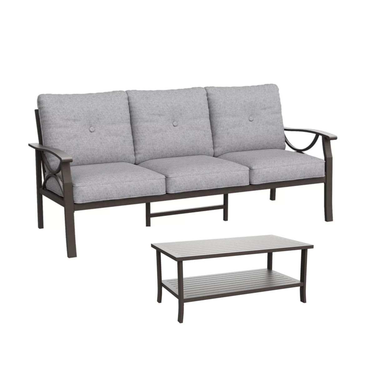 2 Piece Outdoor Patio Set, 70” All-Weather Metal 3-Seat Metal Patio Sofa and Rectangular coffee Table , Khaki Frame with Gray Cushions