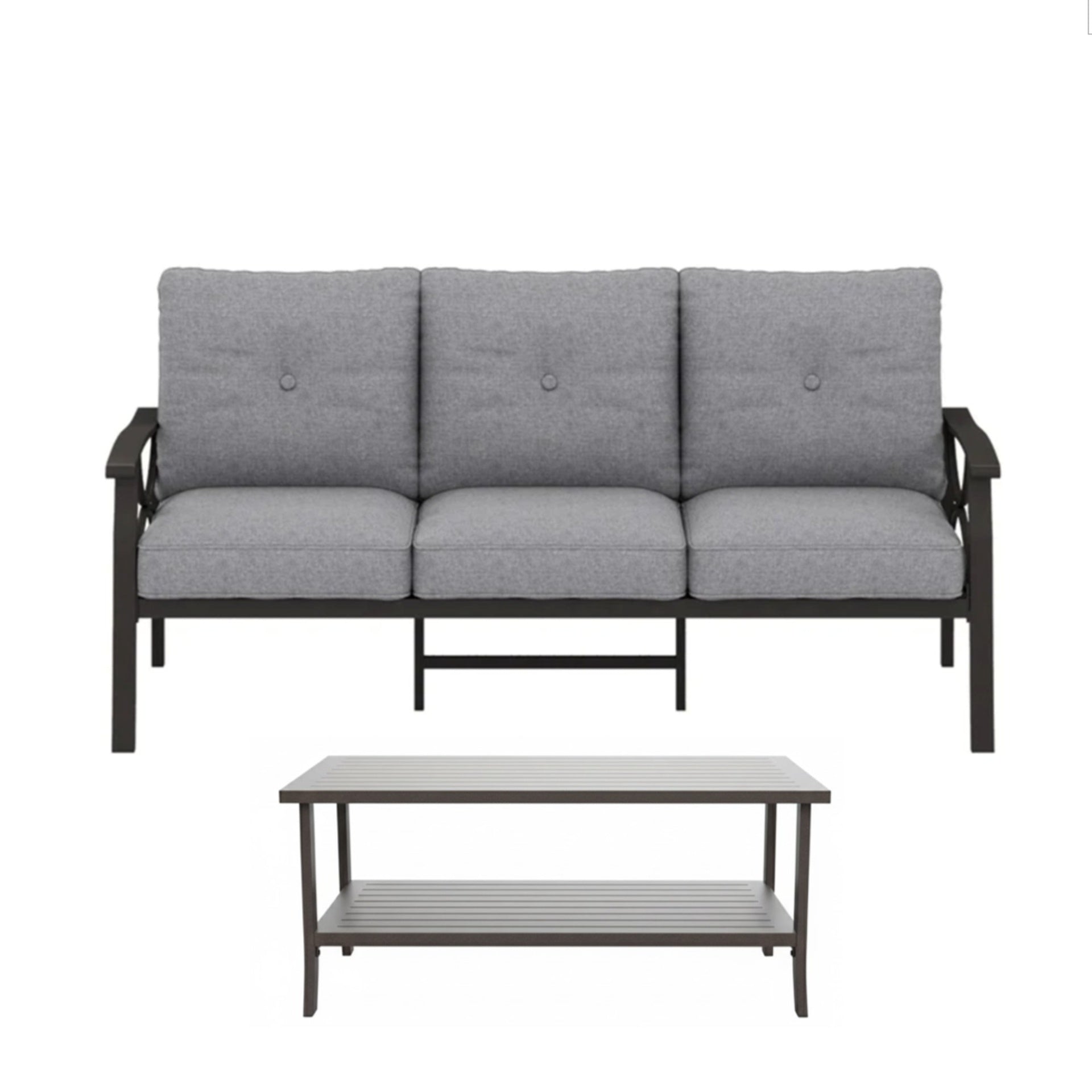 2 Piece Outdoor Patio Set, 70” All-Weather Metal 3-Seat Metal Patio Sofa and Rectangular coffee Table , Khaki Frame with Gray Cushions