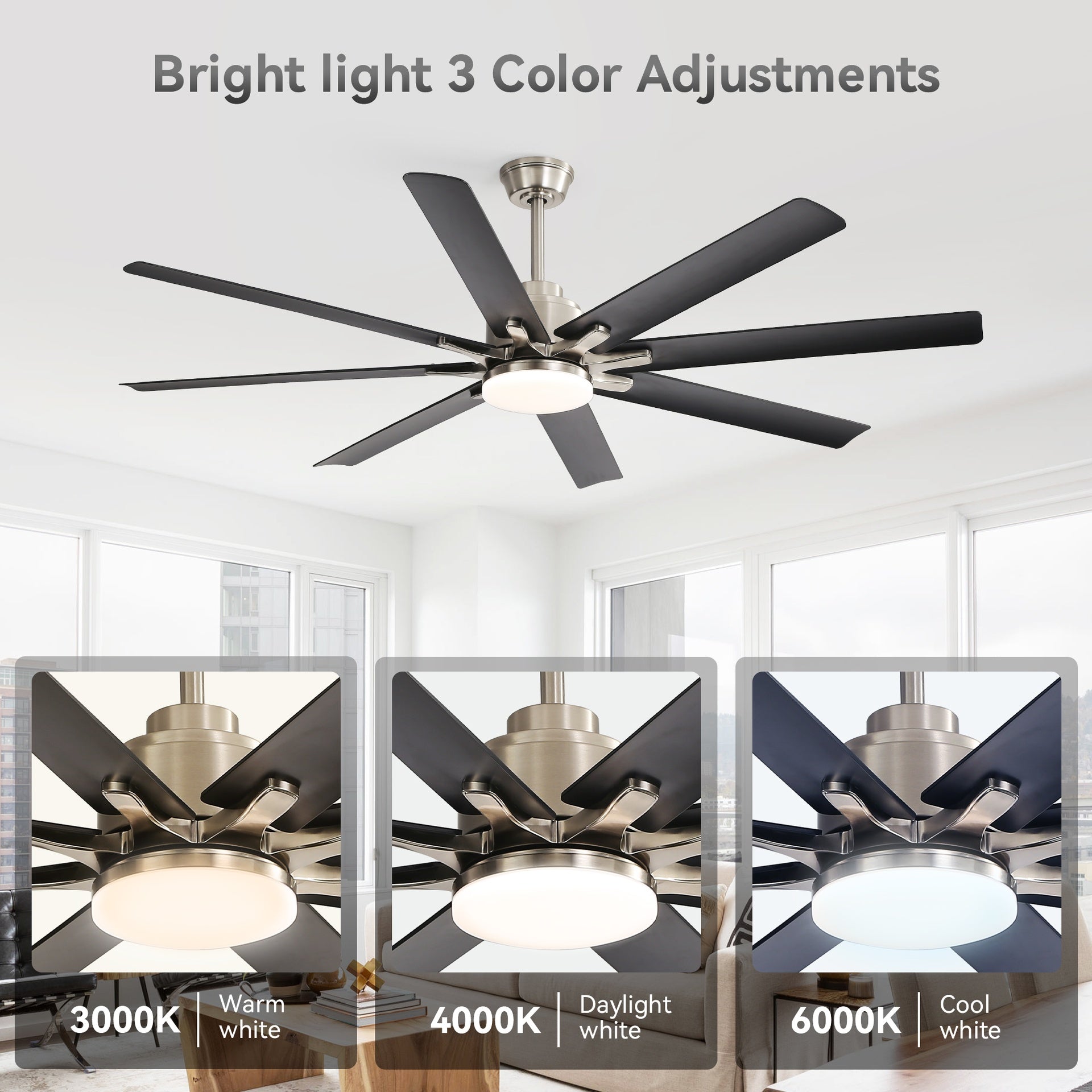 52-Inch Smart Ceiling Fan With Lights,6 Wind Speed,With 8 Black ABS Blades,Voice Remote,Fan For Bedroom,Living Room,Patio,Kitchen