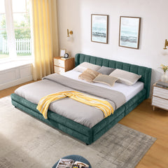 King Size Upholstered Bed Frame with Thick Fabric, comfortable upholstered bed frame, Chenille fabric, with headboard and solid bed frame. With drawer for storage--Blue+Green(86.5''*84''*29.5'')