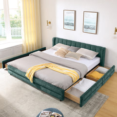 King Size Upholstered Bed Frame with Thick Fabric, comfortable upholstered bed frame, Chenille fabric, with headboard and solid bed frame. With drawer for storage--Blue+Green(86.5''*84''*29.5'')