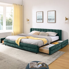 King Size Upholstered Bed Frame with Thick Fabric, comfortable upholstered bed frame, Chenille fabric, with headboard and solid bed frame. With drawer for storage--Blue+Green(86.5''*84''*29.5'')