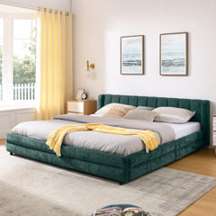 King Size Upholstered Bed Frame with Thick Fabric, comfortable upholstered bed frame, Chenille fabric, with headboard and solid bed frame. With drawer for storage--Blue+Green(86.5''*84''*29.5'')