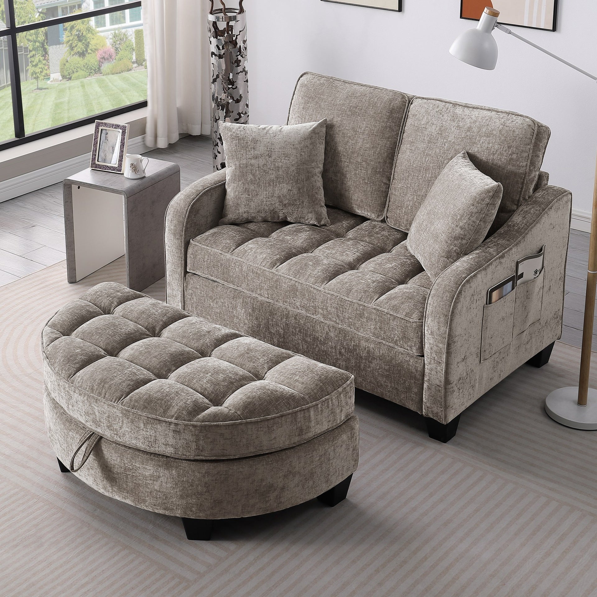 Two-seater sofa, double sofa chaise longue, with irregular armrests and backrests, footrest with storage space, comes with two small throw pillows, suitable for living room and bedroom - Brown