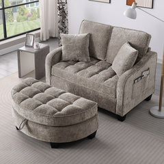 Two-seater sofa, double sofa chaise longue, with irregular armrests and backrests, footrest with storage space, comes with two small throw pillows, suitable for living room and bedroom - Brown