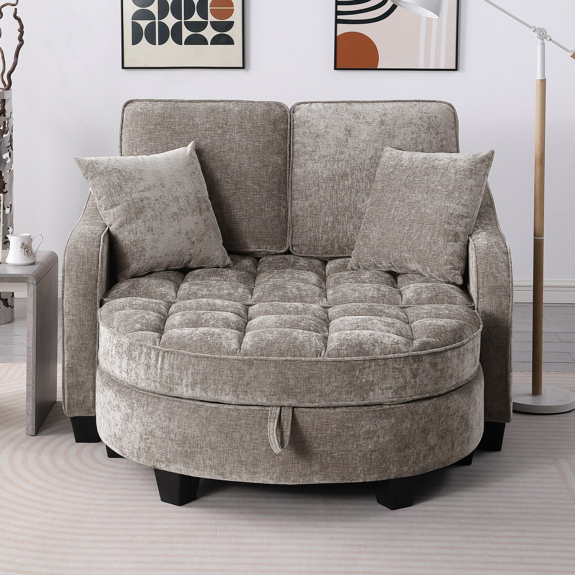 Two-seater sofa, double sofa chaise longue, with irregular armrests and backrests, footrest with storage space, comes with two small throw pillows, suitable for living room and bedroom - Brown