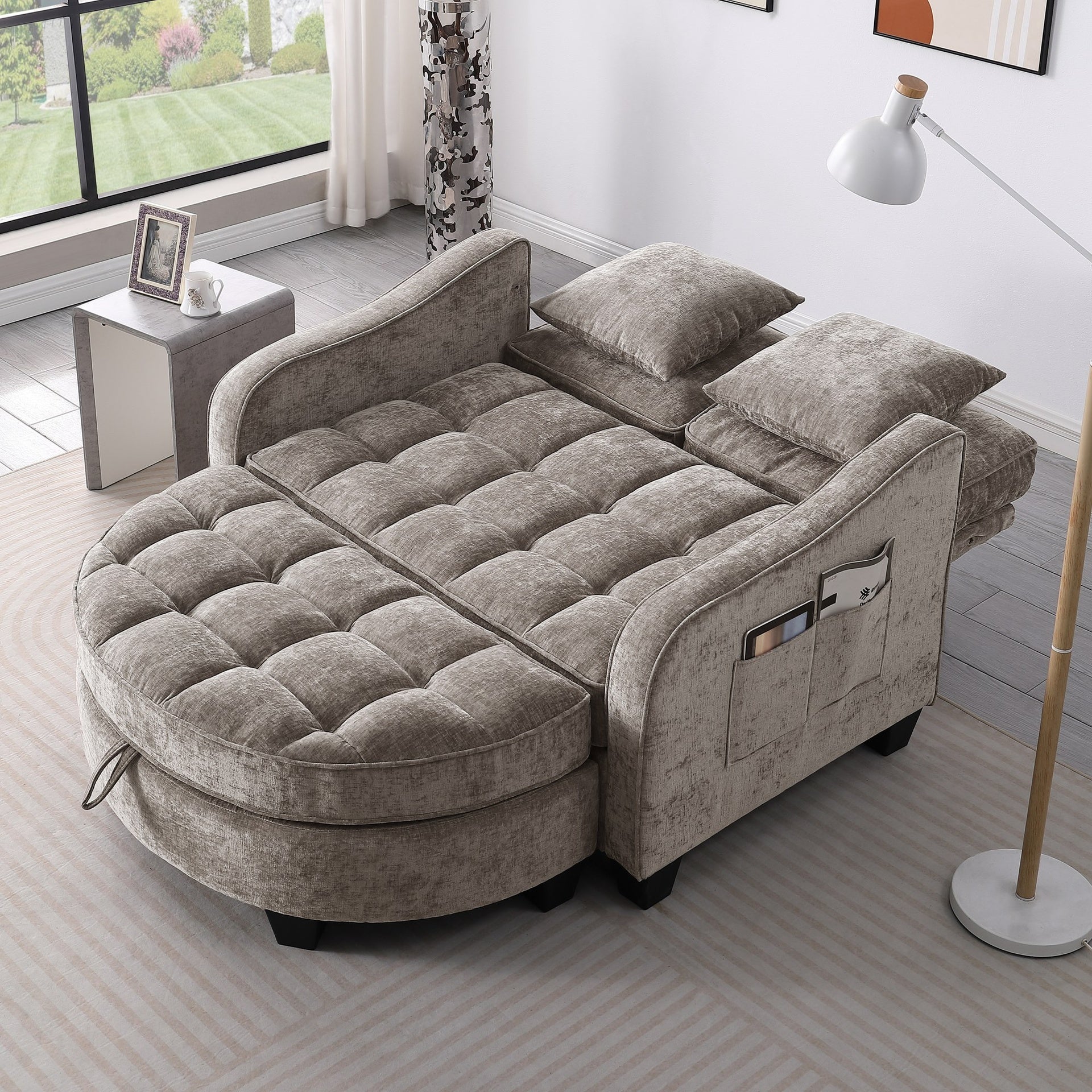 Two-seater sofa, double sofa chaise longue, with irregular armrests and backrests, footrest with storage space, comes with two small throw pillows, suitable for living room and bedroom - Brown