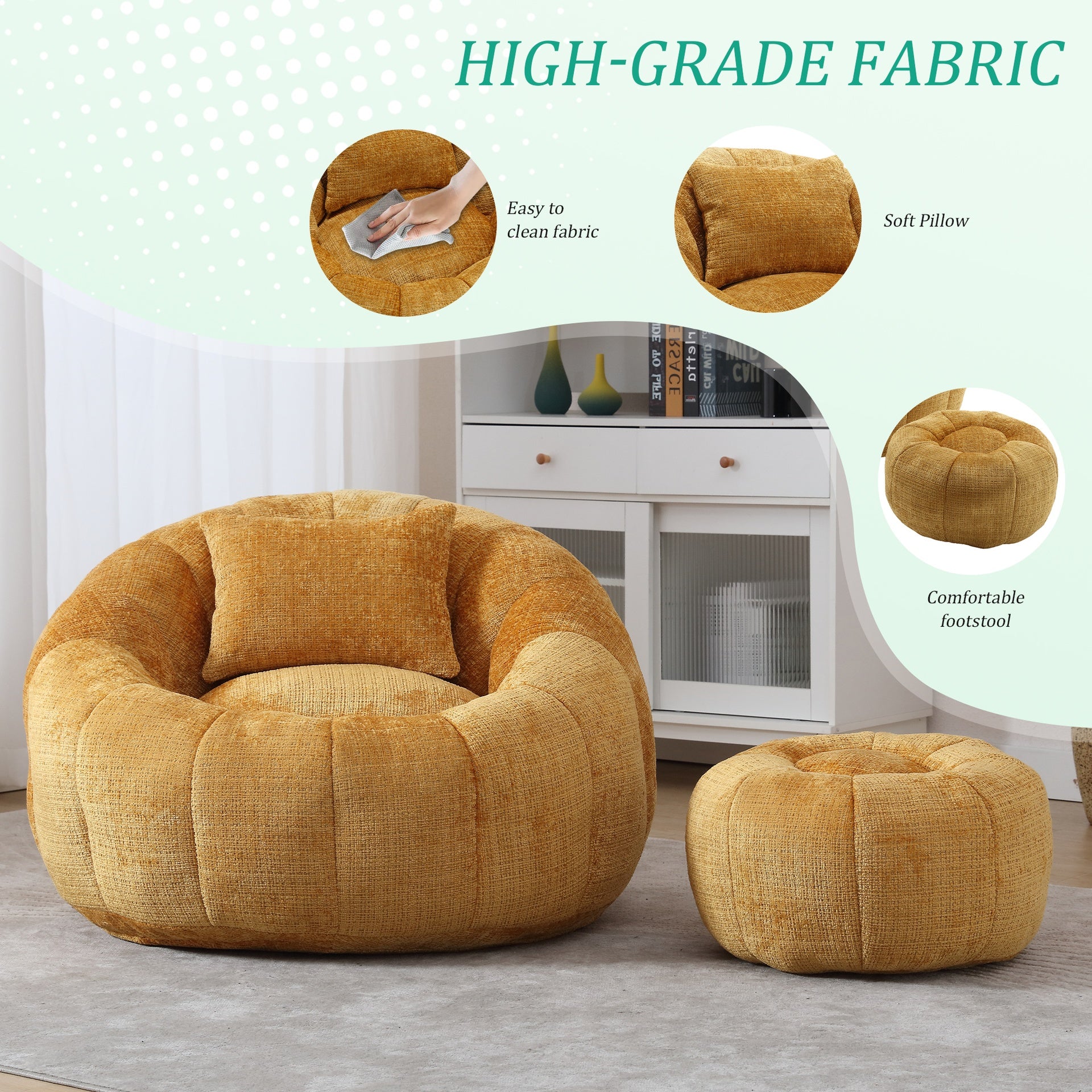 UNITED WE WIN Modern Bean Bag Chairs, Comfy Round Chair for Adults with Ottoman, Leisure Single Sofa Reading Chair with Pillow for Living Room, Bedroom, Apartment