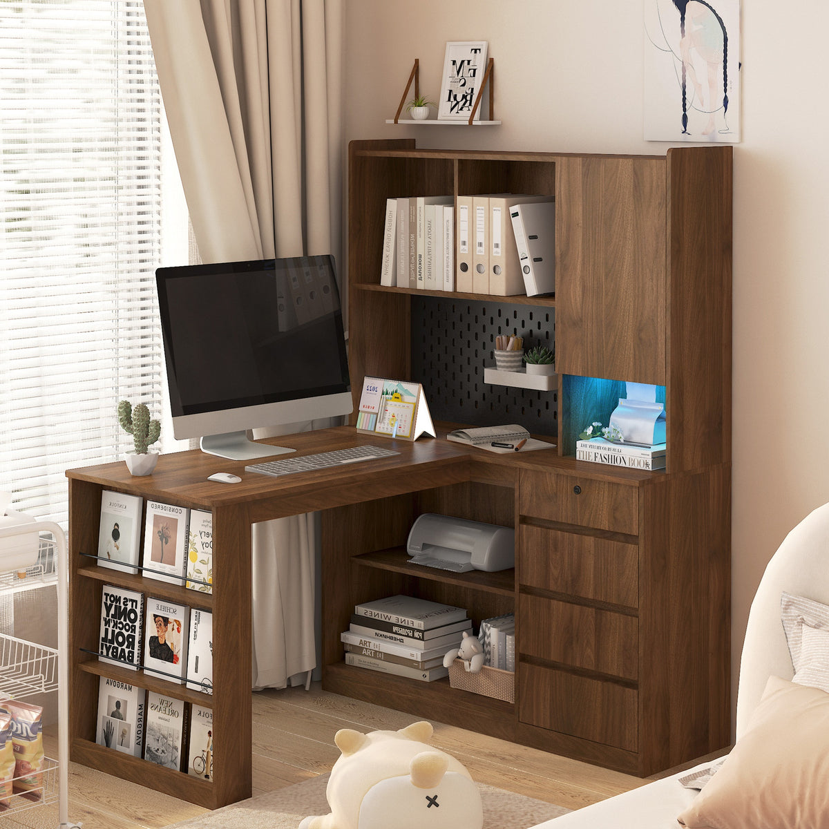L Shaped Desk with Charger,Computer Desk with Drawers,Bookshelf, with LED Light,Modern Corner Desk,Home Office Desk,L-Shaped Study Table Writing Desk,Corner Gaming Computer Desk with Storage