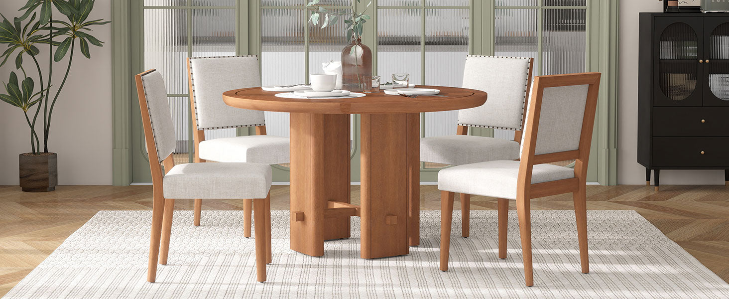TREXM 5-Piece Round Dining Table Set for 4, Minimalist Farmhouse Dining Table with 4 Solid Wood Upholstered Chairs, Kitchen & Dining Room Sets (Brown)