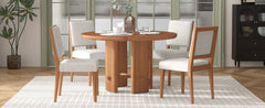 TREXM 5-Piece Round Dining Table Set for 4, Minimalist Farmhouse Dining Table with 4 Solid Wood Upholstered Chairs, Kitchen & Dining Room Sets (Brown)