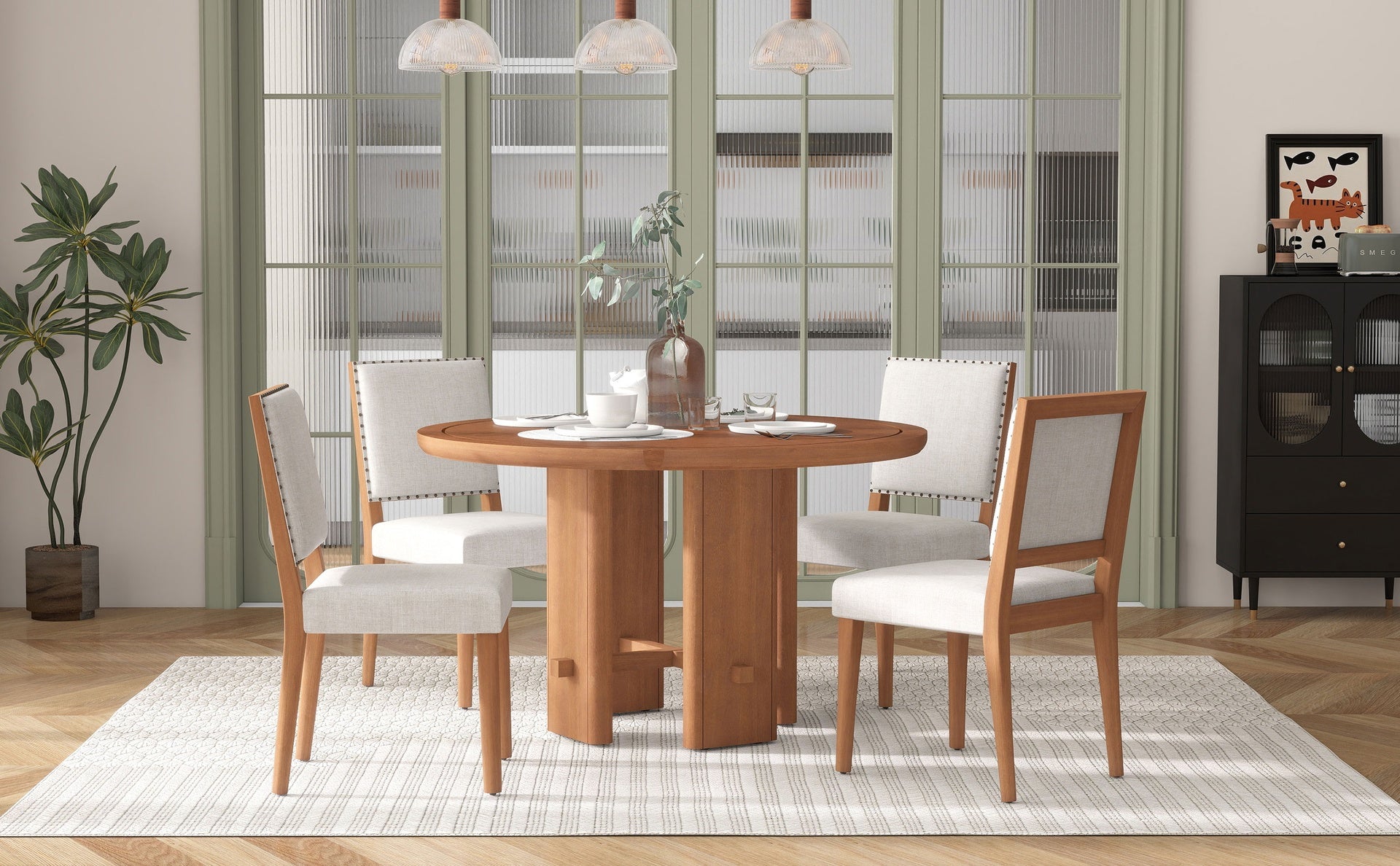 TREXM 5-Piece Round Dining Table Set for 4, Minimalist Farmhouse Dining Table with 4 Solid Wood Upholstered Chairs, Kitchen & Dining Room Sets (Brown)
