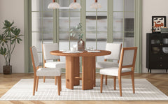 TREXM 5-Piece Round Dining Table Set for 4, Minimalist Farmhouse Dining Table with 4 Solid Wood Upholstered Chairs, Kitchen & Dining Room Sets (Brown)