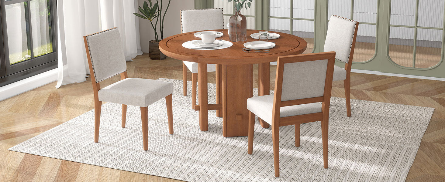 TREXM 5-Piece Round Dining Table Set for 4, Minimalist Farmhouse Dining Table with 4 Solid Wood Upholstered Chairs, Kitchen & Dining Room Sets (Brown)
