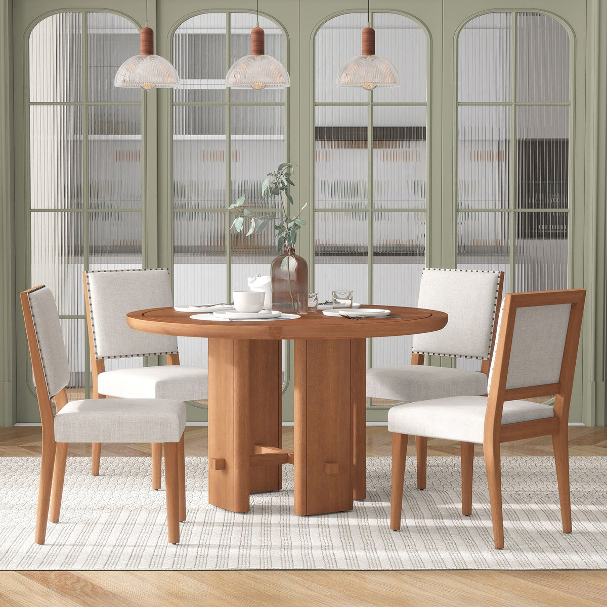 TREXM 5-Piece Round Dining Table Set for 4, Minimalist Farmhouse Dining Table with 4 Solid Wood Upholstered Chairs, Kitchen & Dining Room Sets (Brown)