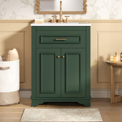 24" Bathroom Vanity with Integrated Ceramic Sink, Bathroom Cabinet with 2 Doors, 1 Tip-Out Drawer, Single Sink Bathroom Vanity for Small and Medium Restroom, Green