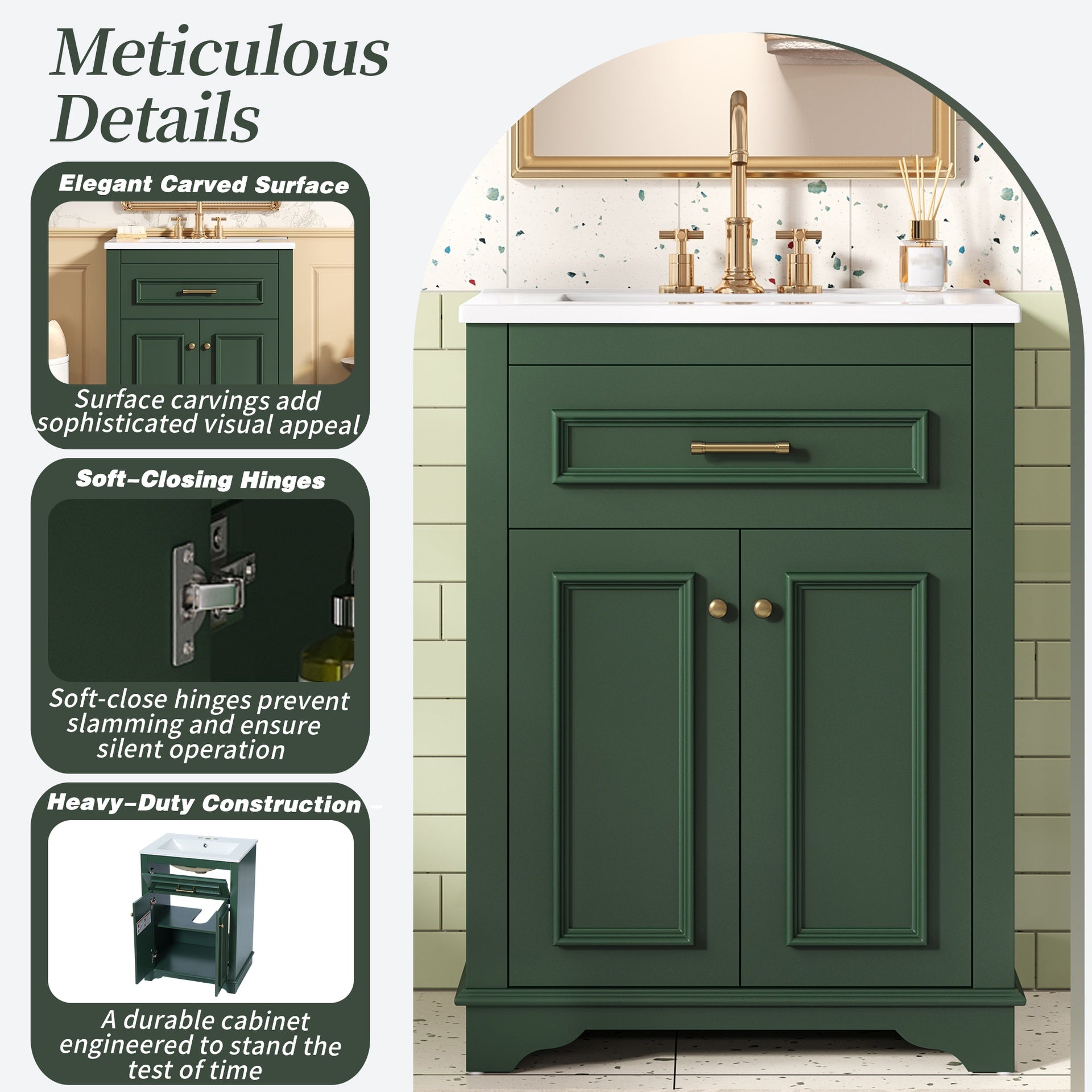 24" Bathroom Vanity with Integrated Ceramic Sink, Bathroom Cabinet with 2 Doors, 1 Tip-Out Drawer, Single Sink Bathroom Vanity for Small and Medium Restroom, Green